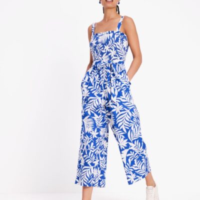 Tropical Foliage Smocked Jumpsuit