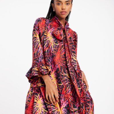 Winter Chrysanthemum Tie-neck Dress