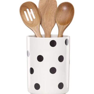 Deco Dot Crock With 3 Wooden Utensils